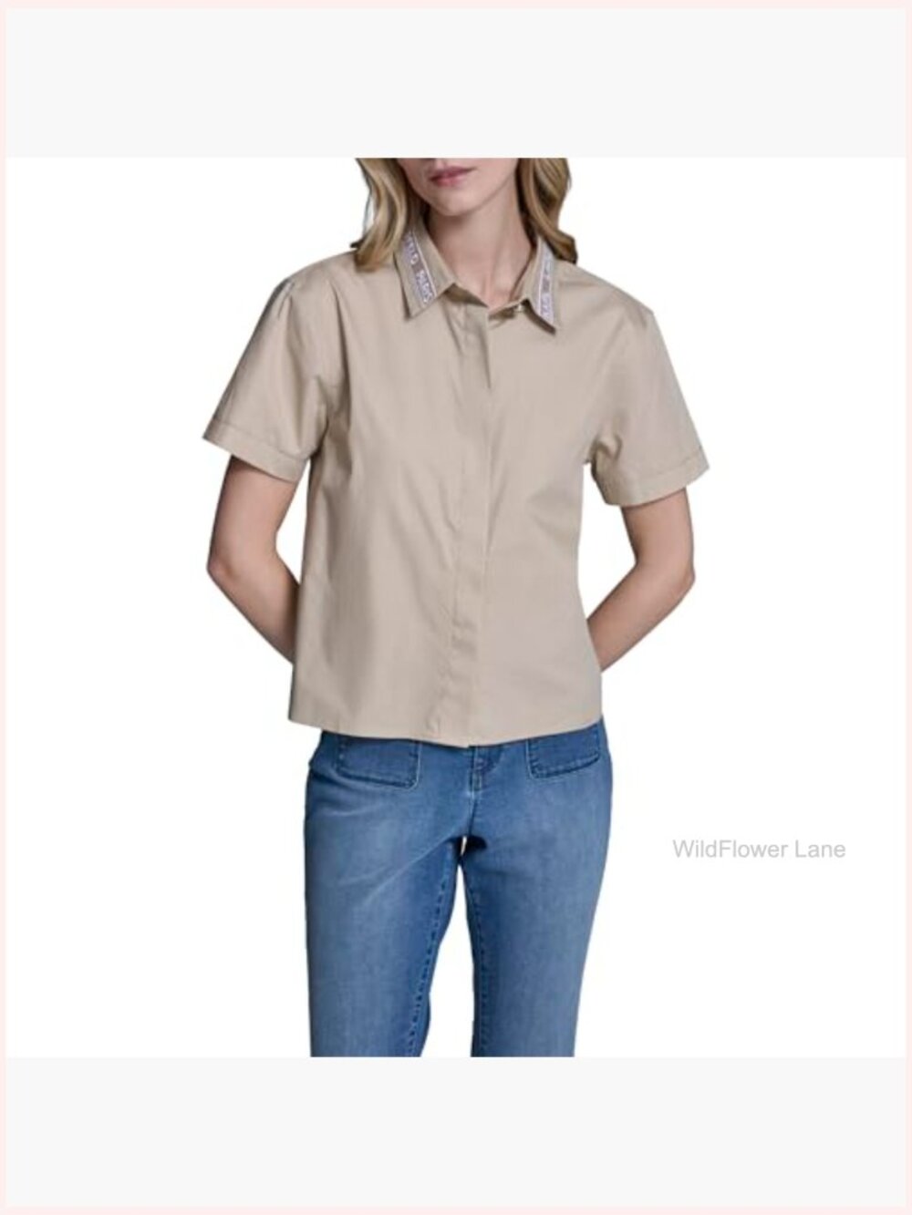 Short Sleeve Gold Bead Collar Button Down Cropped Blouse - Picture 5 of 6